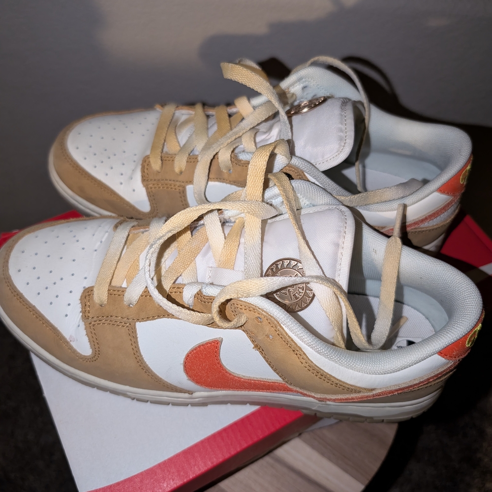 Men's Nike Dunks White and Tan Sneakers with Orange Swoosh